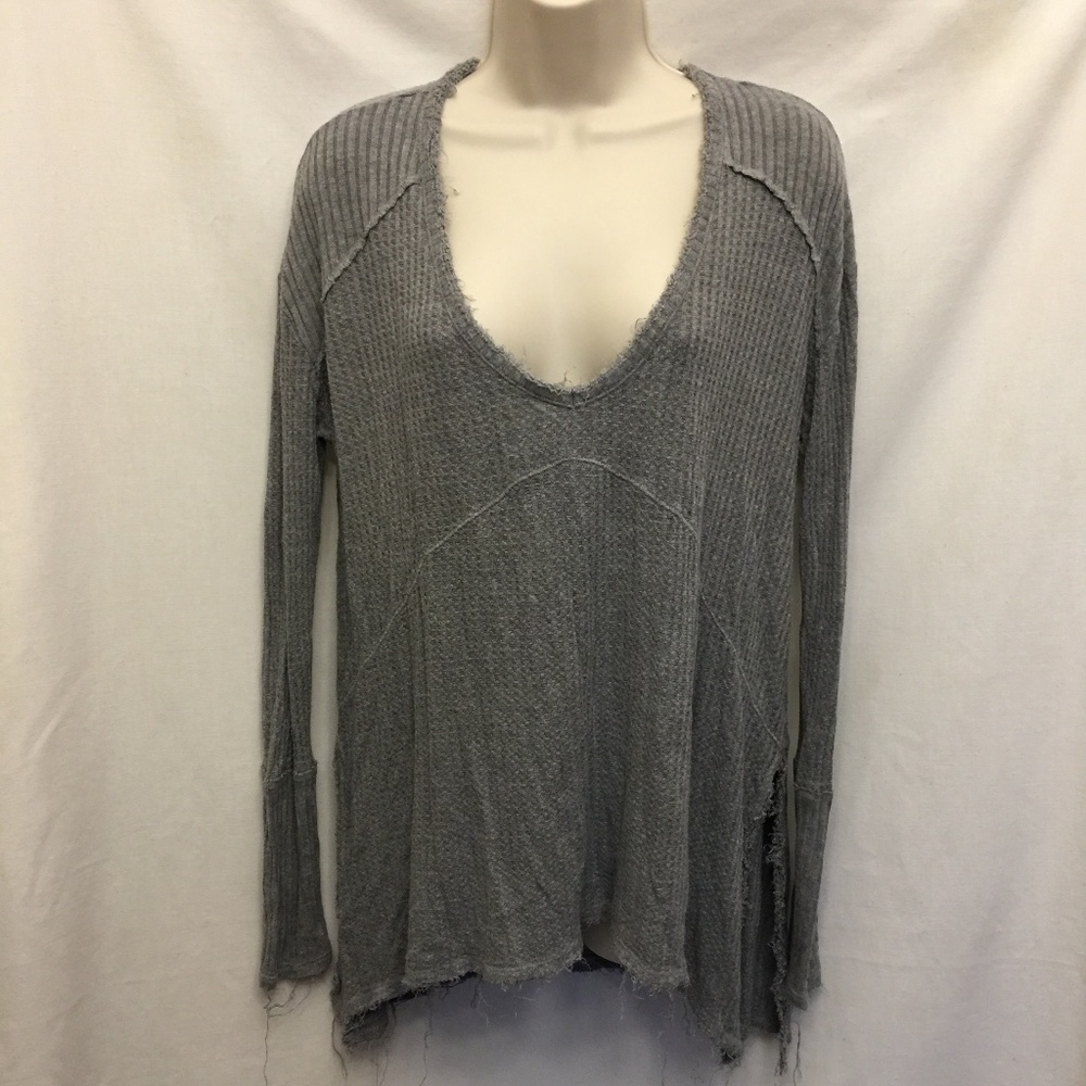 New FREE PEOPLE Gray Oversized Frayed Hem Shirt S
